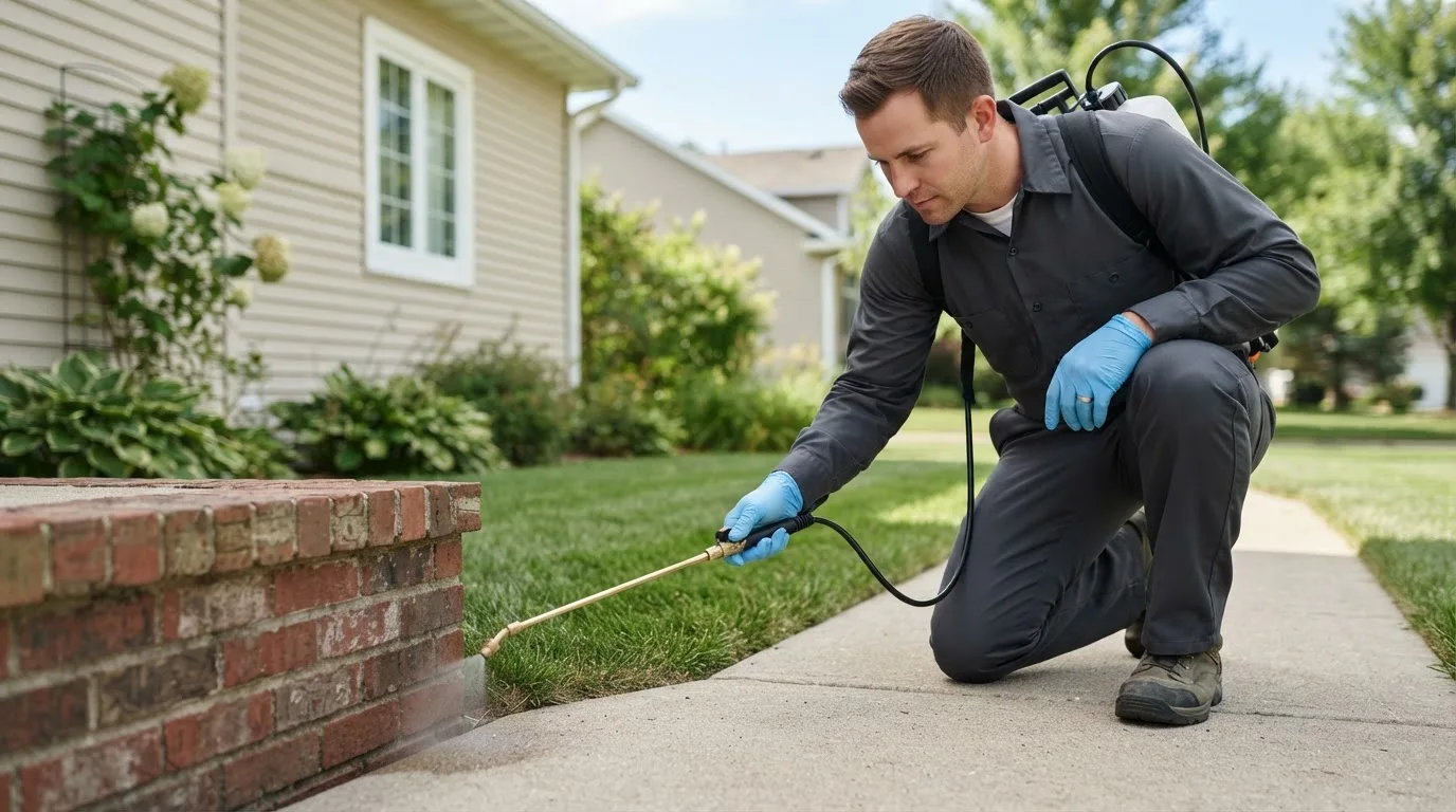 Pest control technician treating a home near Greenport, NY