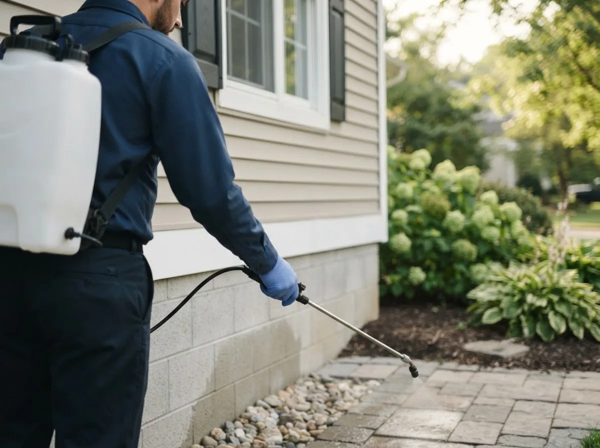 Pest control technician inspecting a home in Greenport, NY
